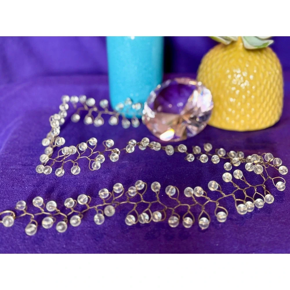 Vintage Clear Beaded Bridal Hair Vine Gold Tone Wire Wedding Headband 23 Inch
